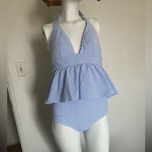 JCREW SWIMSUIT HALTER PEPLUM TANKINI TOP SEERSUCKER AND HIGHWAISTED BOTTOM